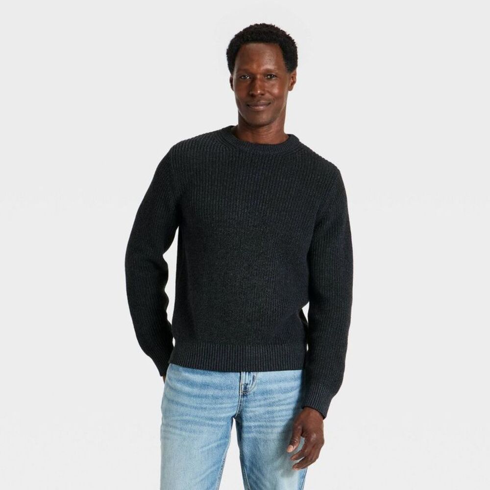 Men's Long Sleeve Cotton Textured Crewneck Pullover Sweater - Black M